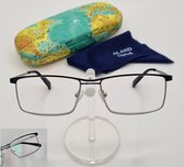 Elegante leesbril +1,5 met brillenkoker en doekje / hoge kwaliteit / donkerblauwe montuur met anti-reflecterende lenzen / dames heren metalen bril en koffer wereldkaart / lunettes +1.5 / XM1216 C4 / Aland optiek