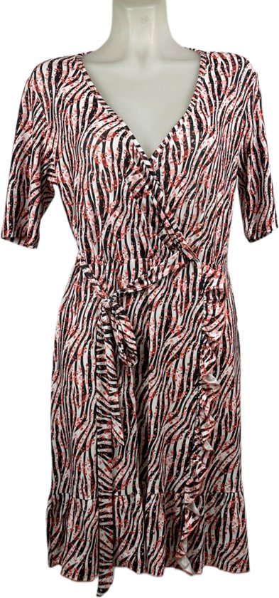 Angelle Milan – Travelkleding voor dames – Rode Zebra Lange Mouw Overslagjurk – Ademend – Kreukherstellend – Duurzame jurk - In 4 maten - Maat L