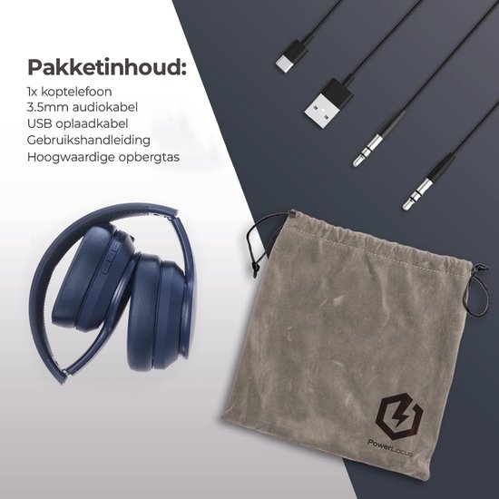 Inhoud van het pakket: 1x koptelefoon, 3.5mm audiokabel, USB oplaadkabel, gebruiksaanwijzing, opbergtas. Inklapbare donkerblauwe koptelefoon.
