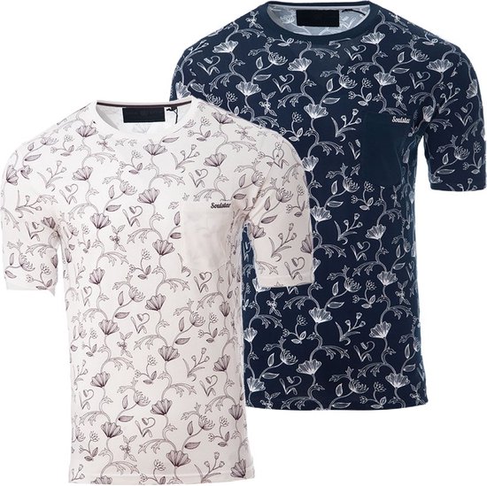 2 Pack Mens Soulstar 100% cotton Printed T-Shirt Casual, 200 gsm fabric quality Maat L , Ecru- Navy