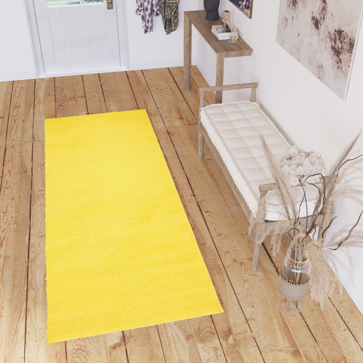 Tapiso Delhi Tapijtloper Vloerkleed Hoogpolig Fluffy Geel Op Maat- 90x1100
