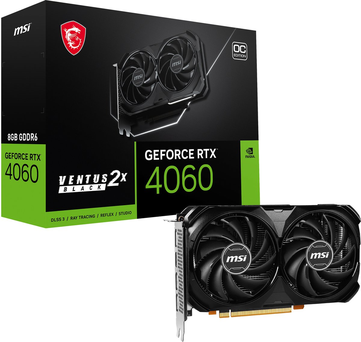MSI GeForce RTX 4060 VENTUS 2X BLACK 8G OC - Videokaart - 8GB GDDR6 - PCIe 4.0 - 1 x HDMI - 3x DisplayPort
