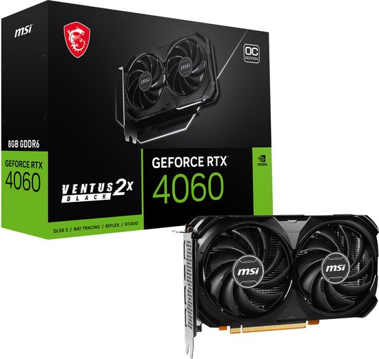 MSI NVIDIA GeForce RTX 4060 VENTUS 2X BLACK 8G OC – Videokaart – 8GB – GDDR6 – PCIe 4.0 – 1x HDMI 2.1a – 3x DisplayPort 1.4a