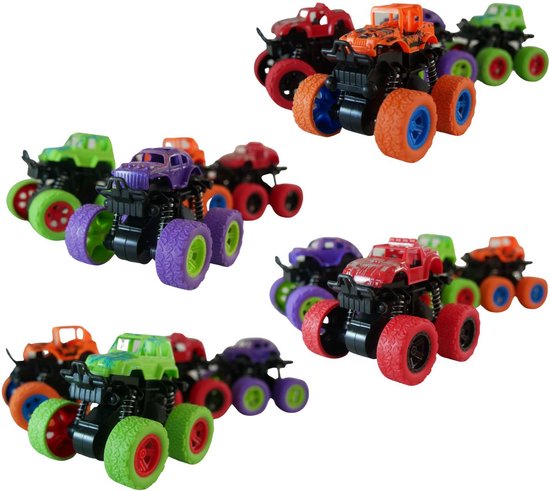 4x Big Wheel Stunt Car Violet, Vert, Rouge et Oranje - Monster Truck - Monster Truck - Stunt Cars - Off Road - speelgoed d'extérieur - Jouets car - Car Jouets Garçons - Tough - Racing - Jumping Car - Race Car - 360º Flip