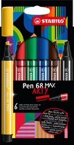 STABILO Pen 68 MAX - ARTY - Stylo feutre Premium à pointe biseautée épaisse - Coffret de 6 pièces - Avec 6 couleurs différentes