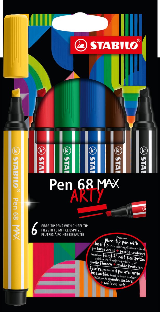 STABILO Pen 68 MAX - ARTY - Stylo feutre Premium à pointe biseautée épaisse  - Coffret