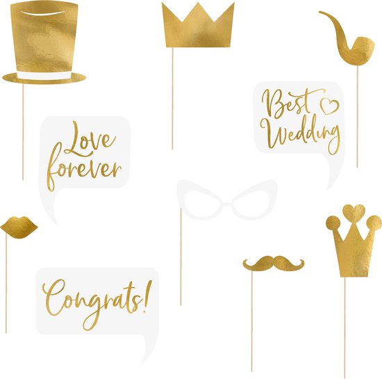 PartyDeco foto prop set Gold - Bruiloft - goud/wit - set 30x stuks - 7-22 cm