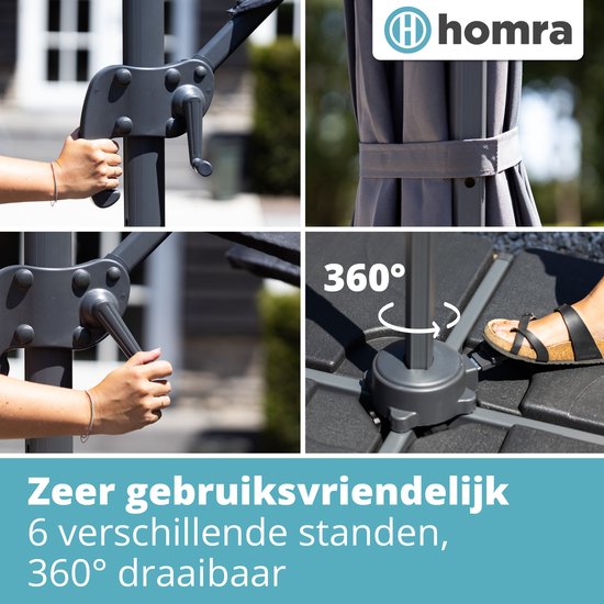 Grijze zweefparasol van Homra, 360° draaibaar en 6 standen.