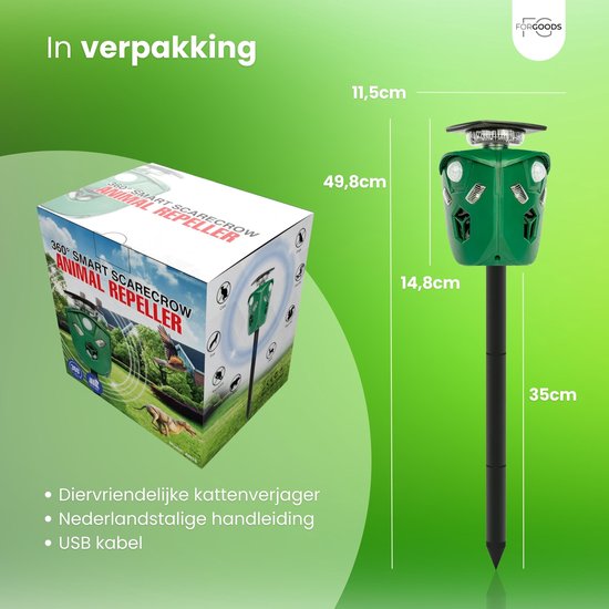 Forgoods - Kattenverjager - Dierenverjager - 360° Ultrasone Dierenverjager op Zonneenergie - Ongedierte Verjager - Muizenverjager - Verdrijft Katten, Ratten, Vogels etc.
