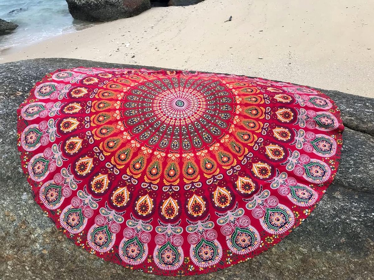 Rood rond strandtapijt Hippie Boho stranddeken Mandala Design Indian Cotton Throw - Rond tafelkleed Home Decor Indie Rug 50 Inch Circle