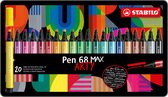 STABILO Pen 68 MAX - ARTY - Stylo feutre Premium à pointe biseautée épaisse - Coffret métal de 20 pièces - Avec 20 couleurs différentes