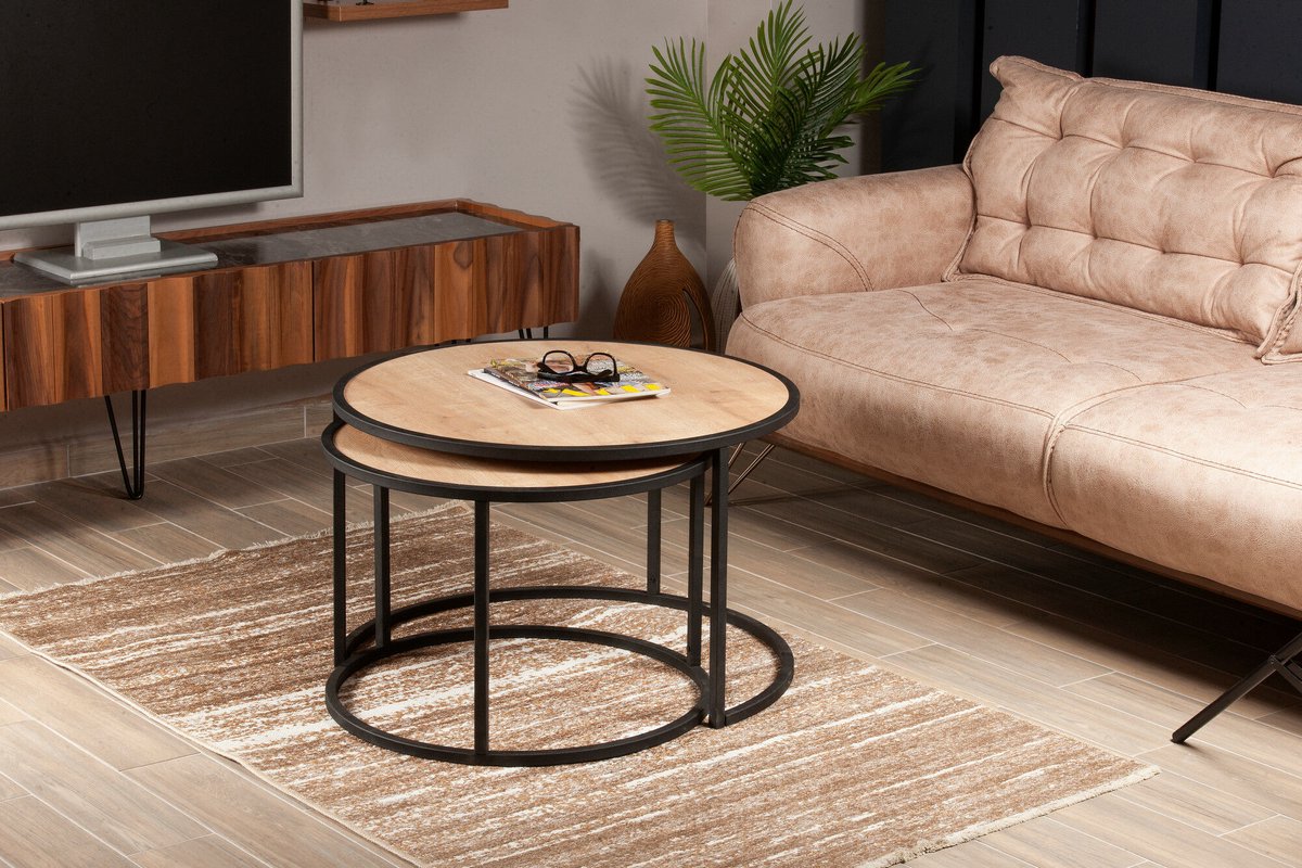 Skye Decor , Bijzettafelset (2 stuks), Tambur - Oak, Gemelamineerde spaanplaat, Eiken & Zwart, 66 x 66 x 43 cm