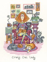 BORDUURPAKKET CRAZY CAT LADY - HERITAGE CRAFTS - telpatroon om zelf te borduren