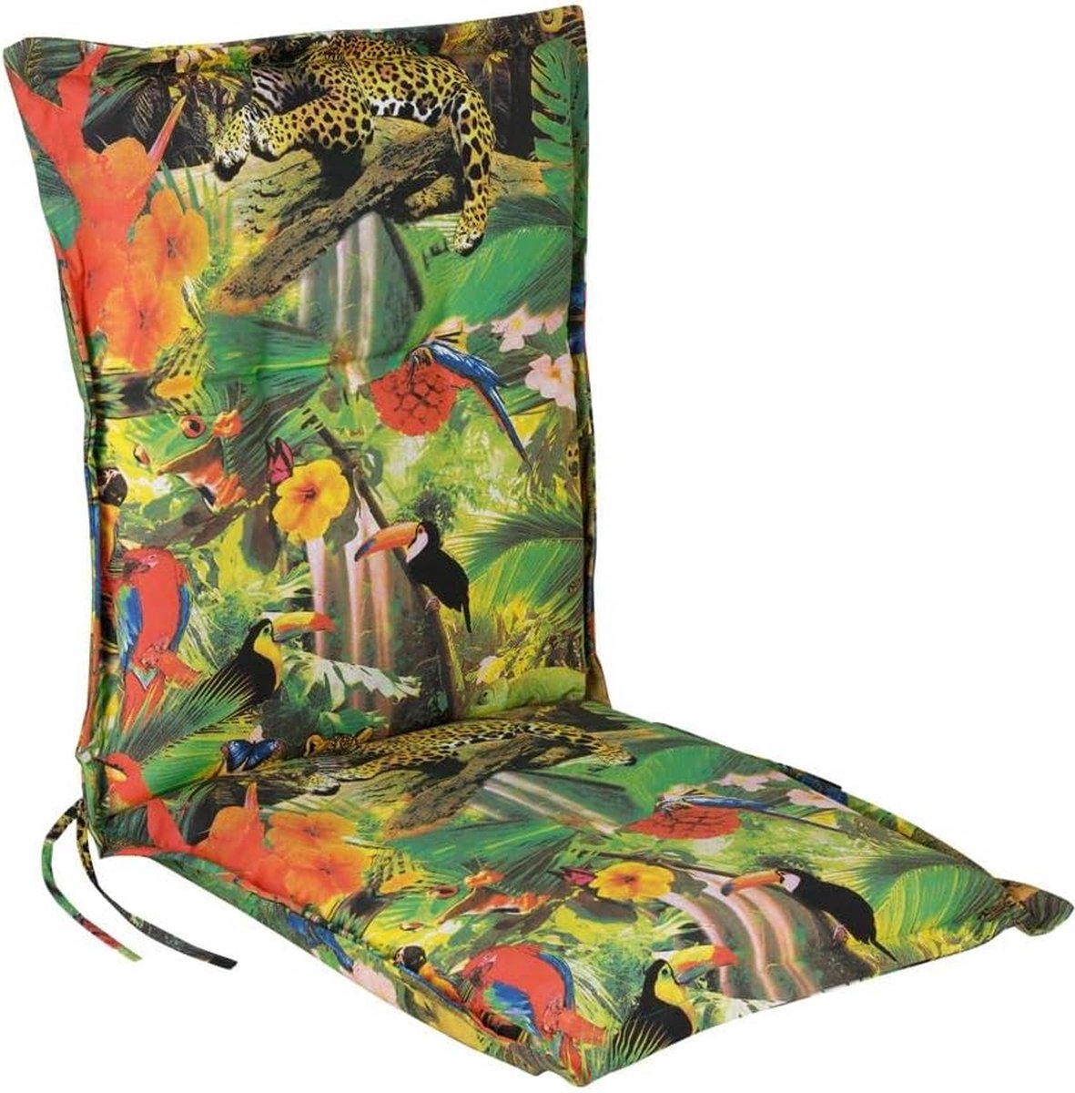 Spetebo Kussen met lage rugleuning, 105 x 50 cm, tropisch, tuinstoel, neerleuningkussen met tropisch jungle-motief, zitkussen, stoelkussen, kleurrijk met linten