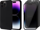 Hoesje geschikt voor iPhone 14 Pro - 2x Privacy Screen Protector FullGuard - Back Cover Case SoftTouch Zwart & Screenprotector
