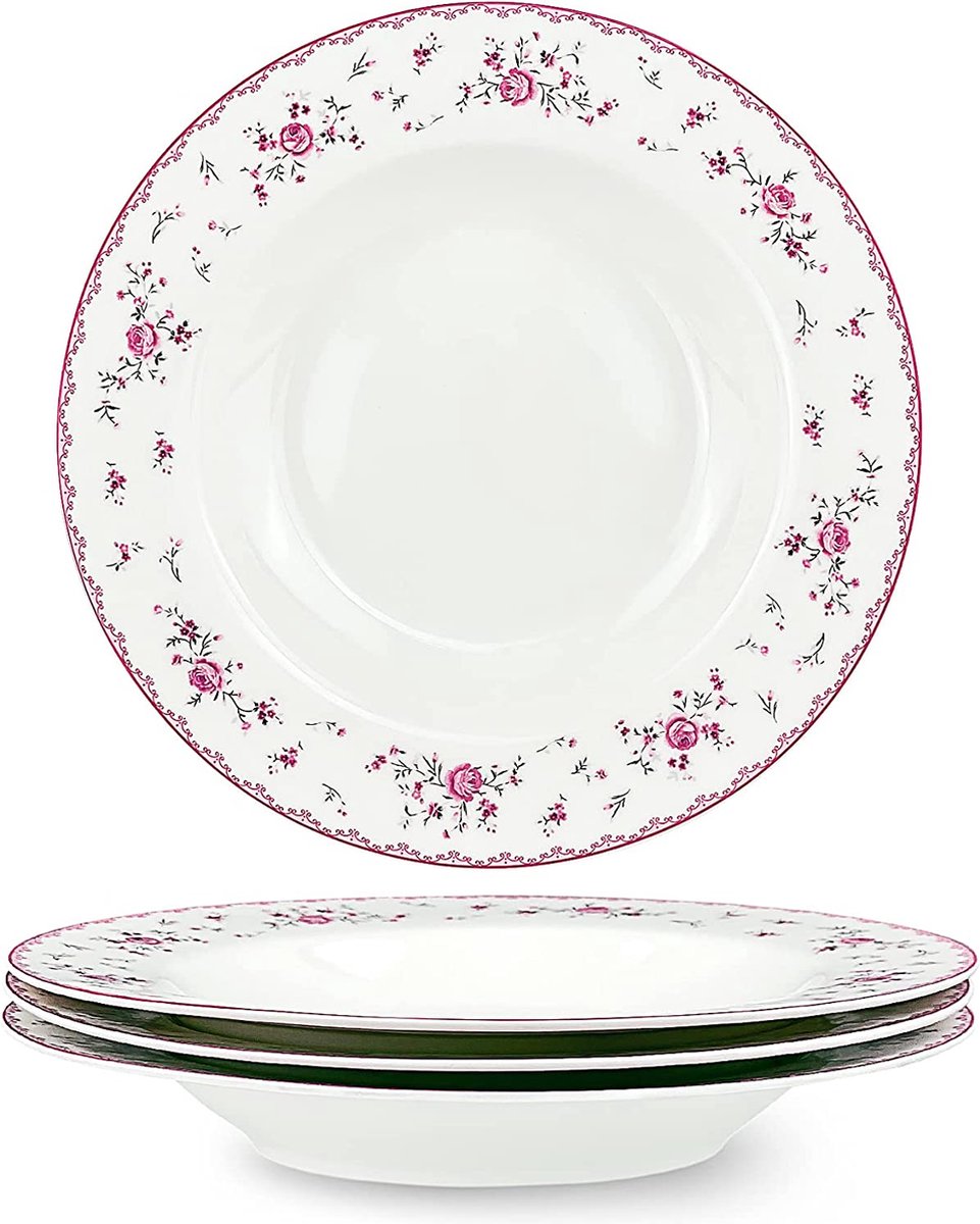 Set van 4 witte soepkommen van keramiek Ø 218 mm diep soepborden set van porselein, roze bloemen pastaborden