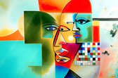 JJ-Art (Aluminium) 90x60 | Man, vrouw, gezichten, abstract, Picasso stijl, kubisme, kunst - woonkamer slaapkamer | monden, ogen, kleurrijk, felle kleuren, oranje, groen, rood, blauw, modern | Foto-Schilderij print op Dibond (wanddecoratie)