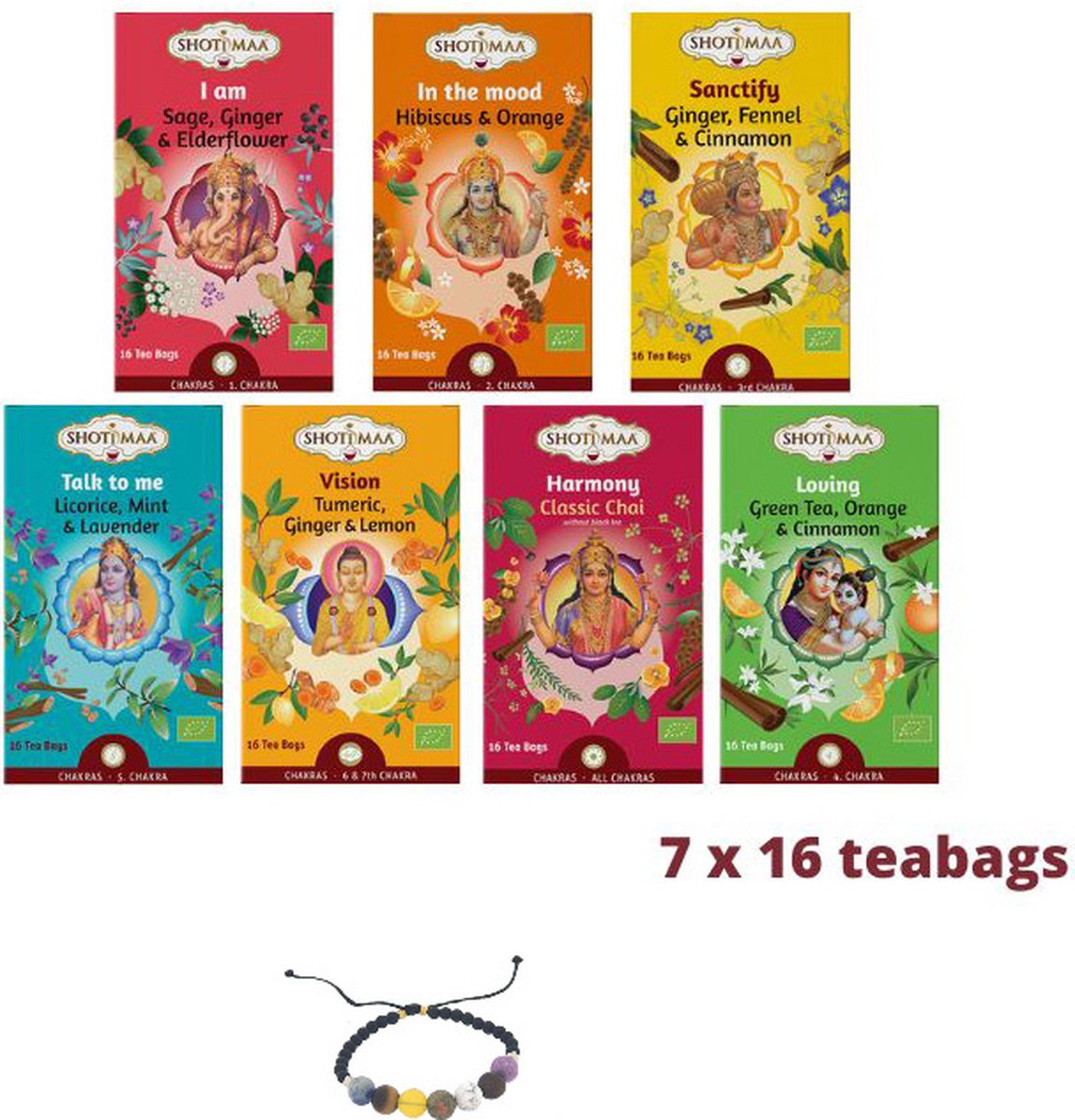 Shoti Maa Assorti Alle Chakras Thee (7 doosjes thee) + Chakra armband handgemaakt