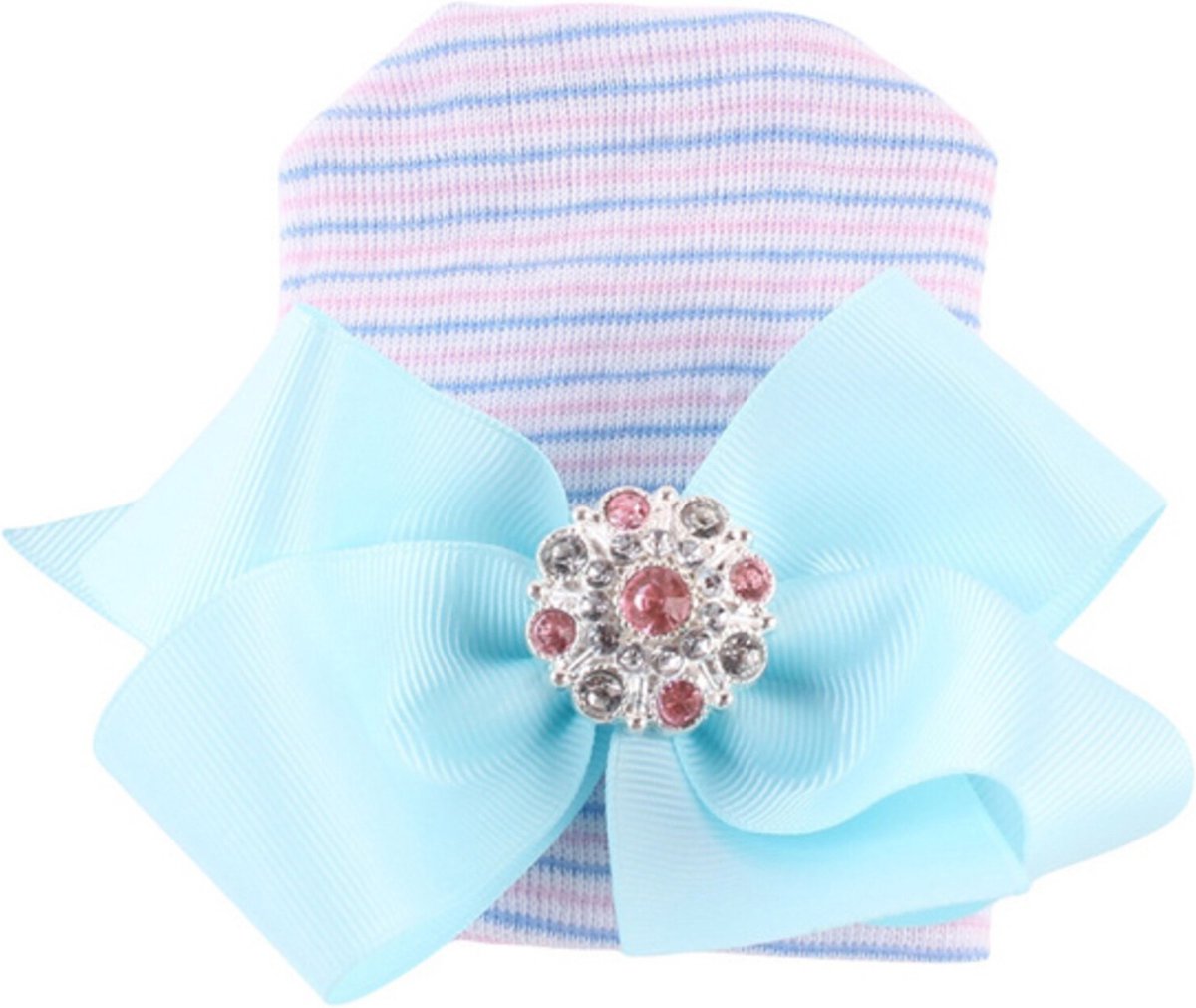 Goedkoopste Mammie's Geboortemuts / babymuts / ziekenhuismuts gestreept met strik van lint en steentjes - 0 tot 1 maand Blauw-pink gestreept met Blauwe strik