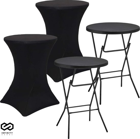 Infinity Goods 2x Table Debout Noire Robuste + 2x Jupe De Table Debout Noire - Table De Fête - Robuste Et Résistante Aux Intempéries - Pliable - 80cm x 110cm - Fête