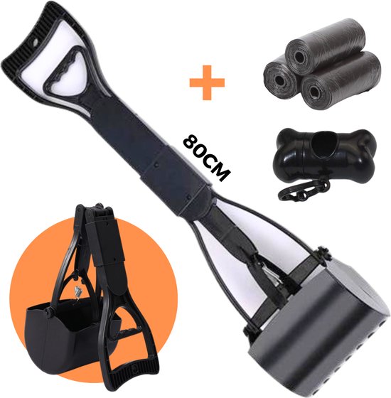 CleanPaws - Poepschepper ZWART - Poepgrijper - Incl. Hondenpoepzakjes + Poepzakjeshouder - Poepschepje - Complete set - Niet bukken - Opvouwbaar - 80CM