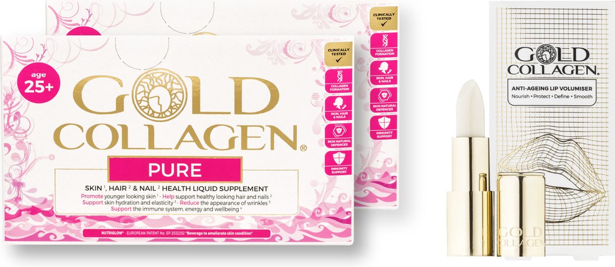 Gold Collagen Pure 25 + Lip Volumiser : Maandkuur (3 dozen x 10 flesjes x 50ml) + 1 Lip Volumiser