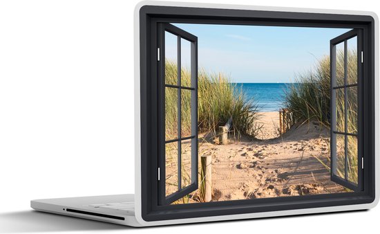 Foto: Laptop sticker 15 6 inch doorkijk strand zee zand water helmgras duinen 36x27 5cm laptopstickers laptop skin cover