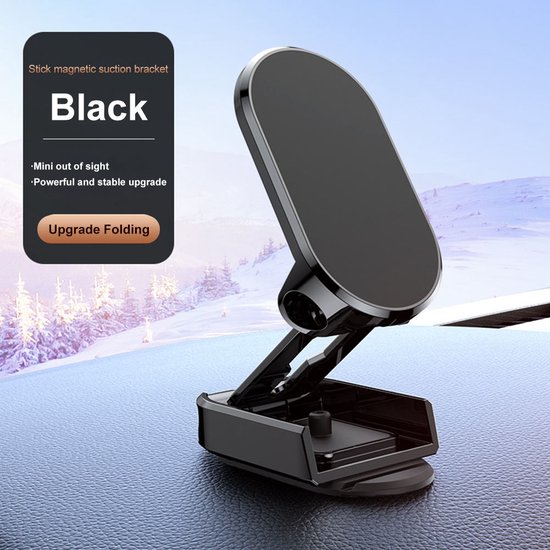 Zwarte, inklapbare magnetische telefoonhouder, compact en stabiel, met besneeuwde achtergrond.
