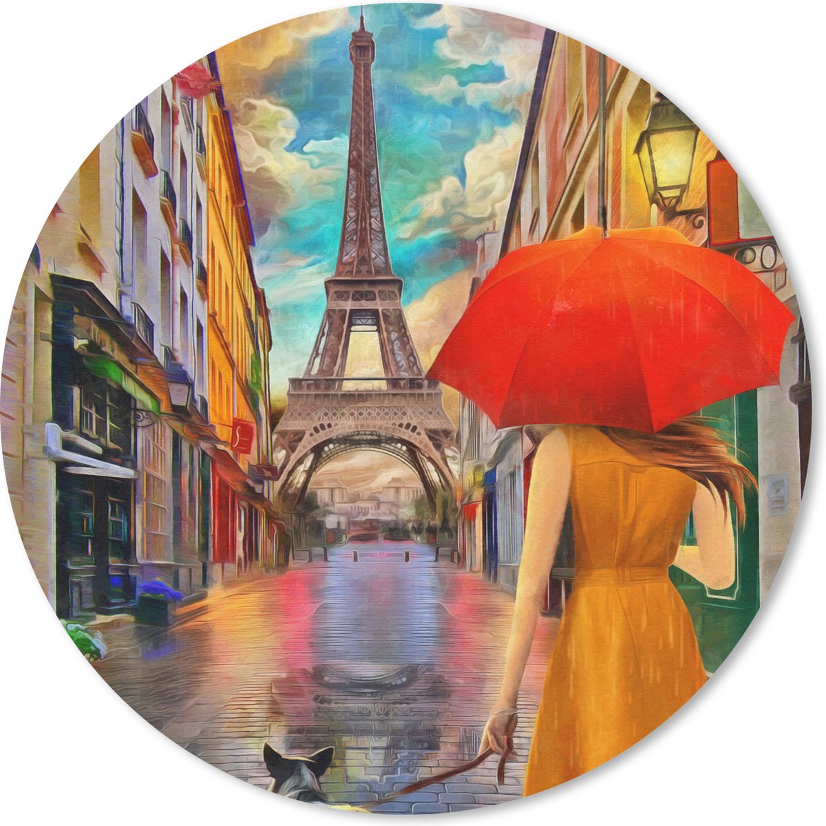Muismat rond 50x50 cm - Mousepad Schilderij - Olieverf - Vrouw - Hond - Parijs - Ronde muismatten