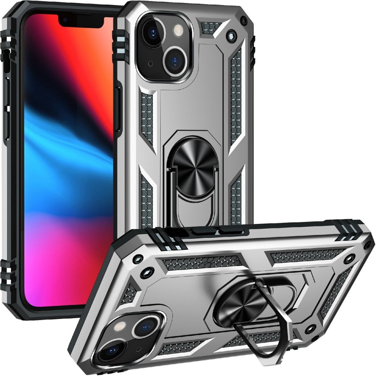 Coverup Hoesje - Geschikt voor iPhone 13 Mini Hoesje - Coverup Ring Kickstand Back Cover - Zilver