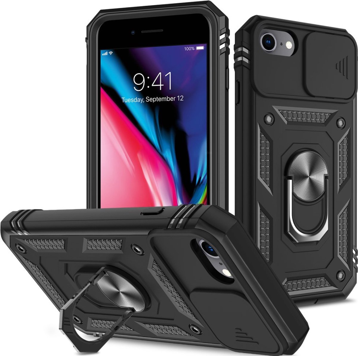 Coverup Hoesje - Geschikt voor iPhone SE (2022/2020), iPhone 8 / 7 Hoesje - Coverup Ring Kickstand Back Cover met Camera Shield - Zwart