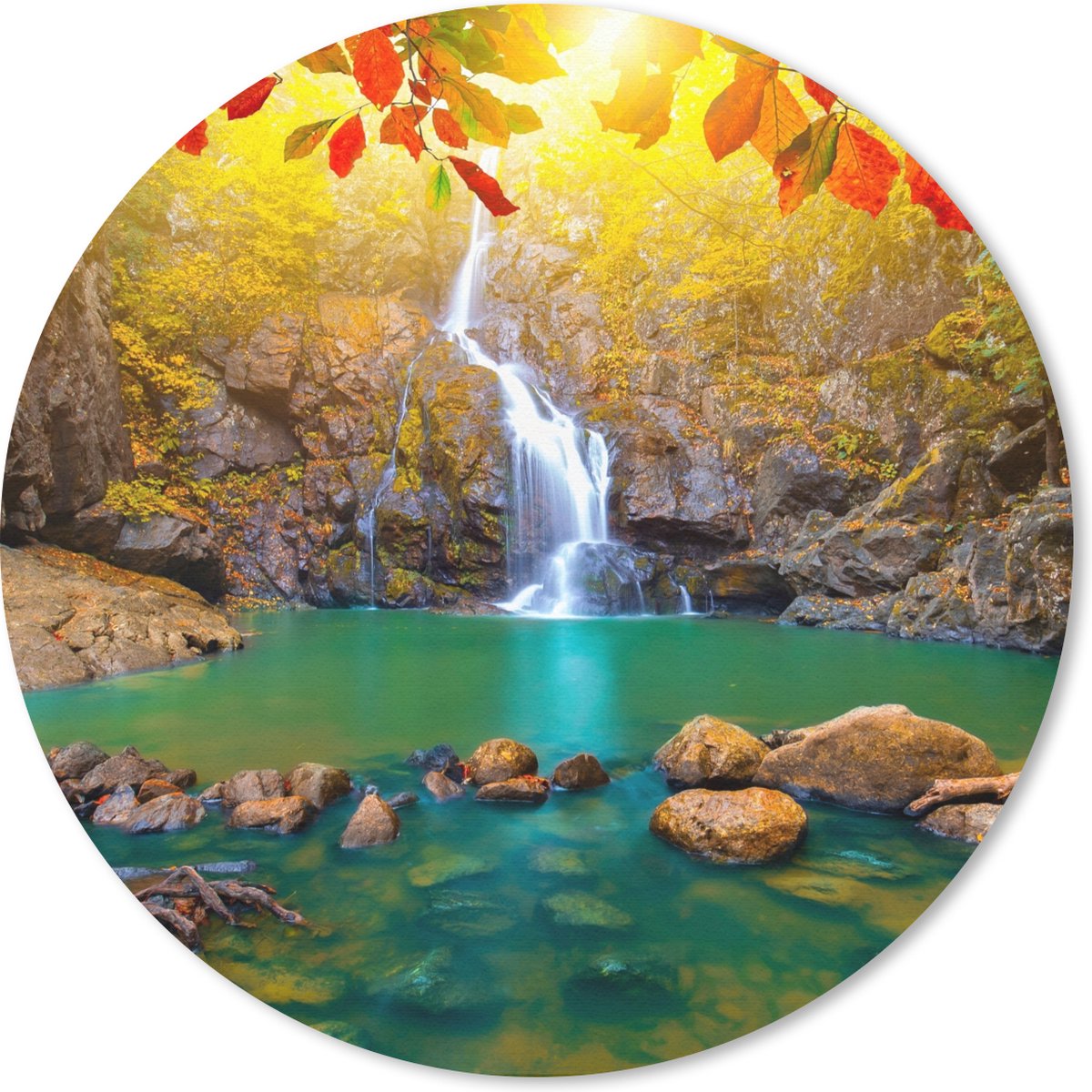 Muismat rond 30x30 cm - Mousepad Stenen - Boom - Waterval - Herfst - Rood - Ronde muismatten