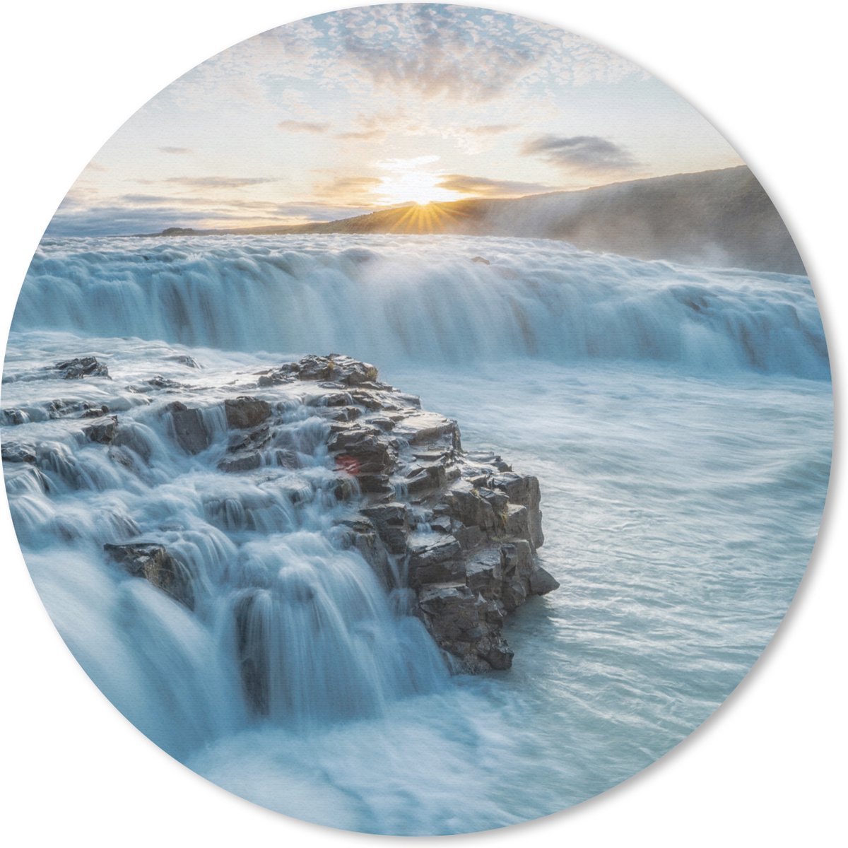 Muismat rond 20x20 cm - Mousepad Waterval - Water - Stenen - Zon - Natuur - Ronde muismatten