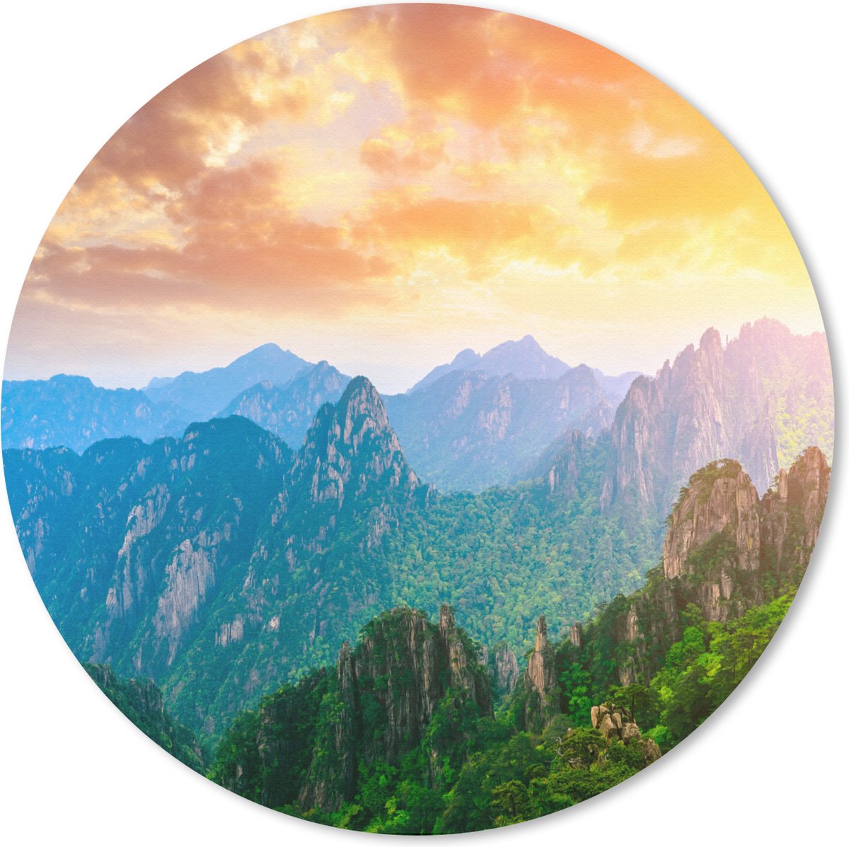 Muismat rond 20x20 cm - Mousepad Bergen - Bomen - Zonsondergang - Natuur - Ronde muismatten