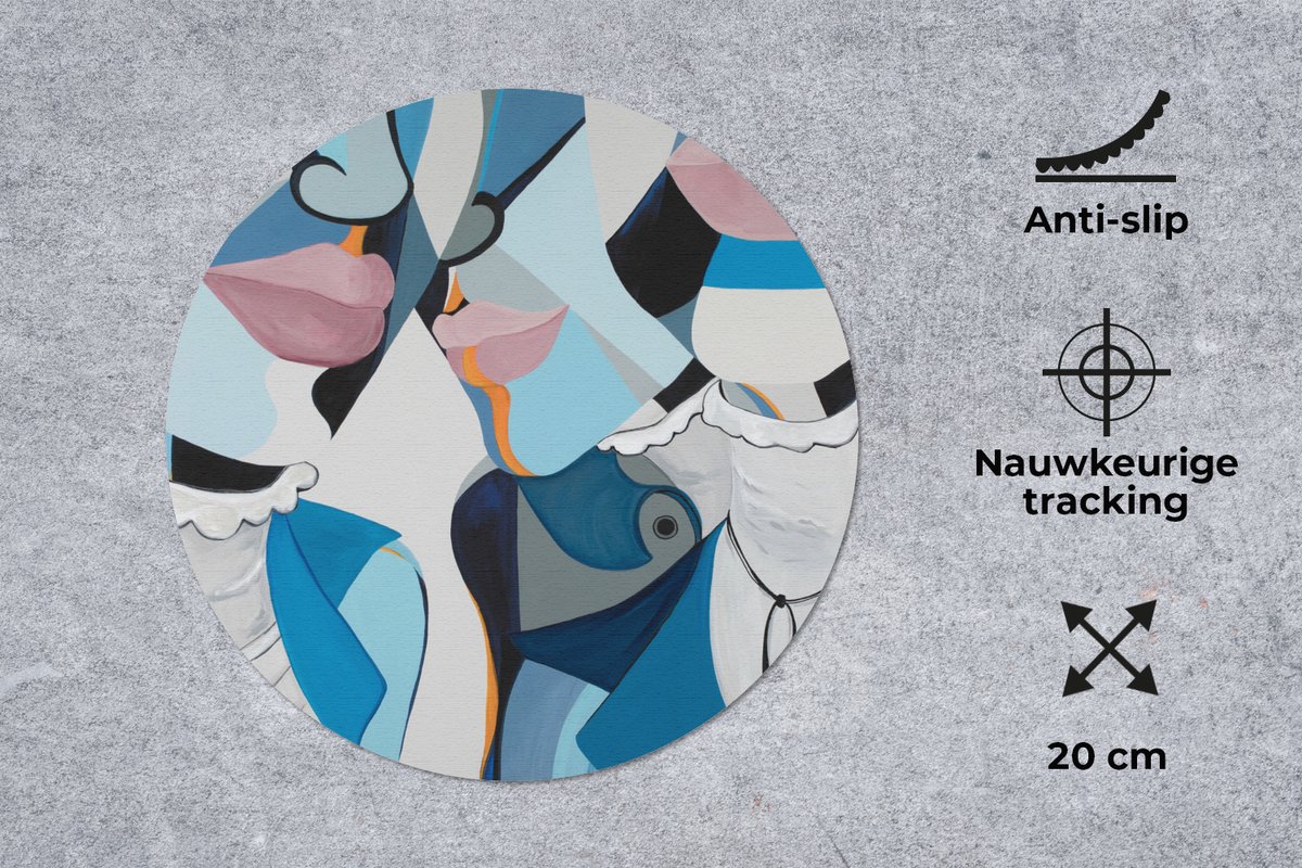 Muismat rond 20x20 cm - Mousepad Gezichten - Blauw - Lippen - Abstract - Ronde muismatten