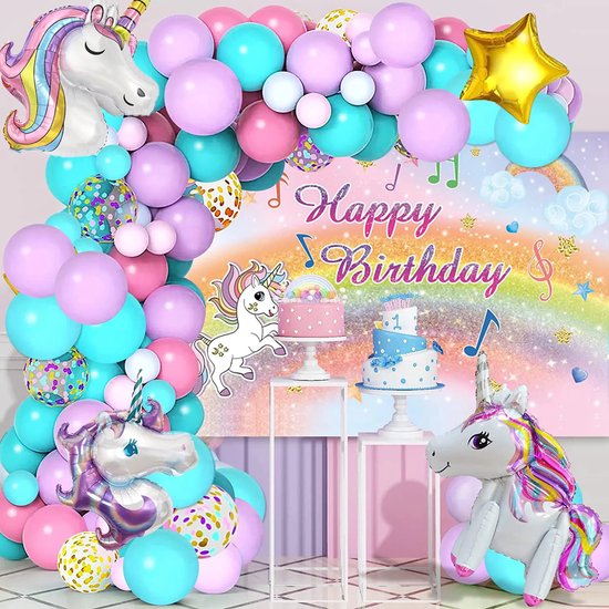 Unicorn thema verjaardag versiering set - Verjaardagsfeestje - Kinderfeestje - 104 stuks eenhoorn ballonnen - Unicorn Ballonnenboog - Unicorn decoratie - Happy Birthday Ballonnen en Slinger - Eenhoorn