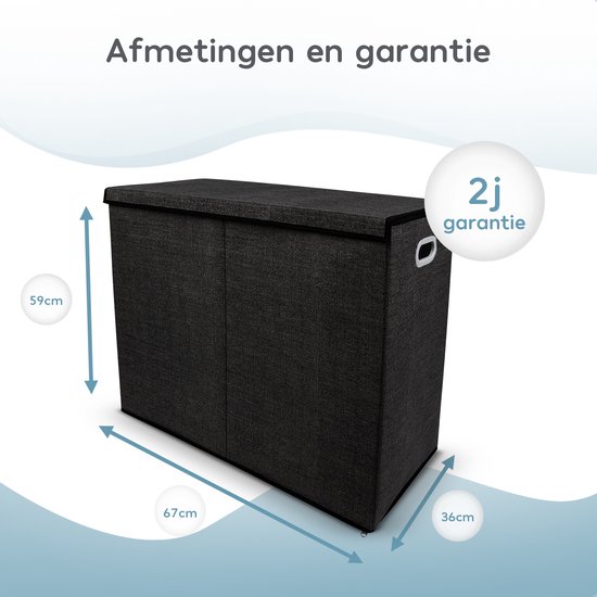 Zonovi Wasmand – Drie Vakken Met Deksel – 3 in 1 Wasmand - Sorteer Wasmand - Opvouwbaar – Wassorteerder – Dichte Wasmand - Dubbele Wasmand – Laundry Basket – Wasbox – Organizer Kleding - Stof – Zwart - Zwarte – 110L