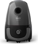 Vooraanzicht van grijze Philips PowerGo stofzuiger met een draaiknop.