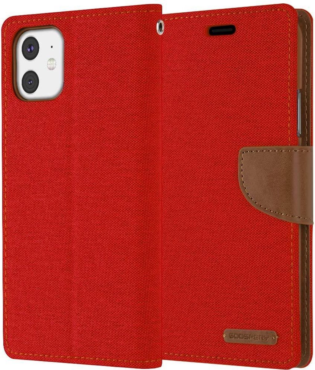 Geschikt voor Apple iPhone 11 Denim Bookcase - Rood - Spijkerstof - Portemonnee hoesje