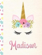 Madison: Personalized Unicorn Sketchbook For Girls With Pink Name - 8.5x11 110 Pages. Doodle, Sketch, Create!