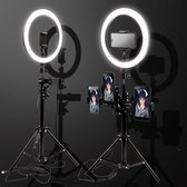 LED Ringlamp met statief (verstelbaar) incl 1 telefoonhouder - 26cm/10 inch - CA 160 cm hoog - Vlog - Tattoo lamp -  TikTok - Make-up light - Beauty - Studiolamp - dimbaar - verste