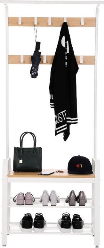 MIRA Cloakroom rack - Porte-manteau avec banc et étagère à chaussures - Multifonction - Industriel - Crème - 72x33,7x183
