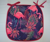 Stoelkussen roze/blauw met flamingo – 40 cm x 40 cm – 4 Stuks - kussens met lintje