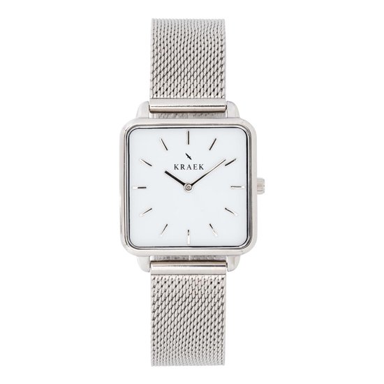 KRAEK Zilver Wit 28 | Dames Horloge | Zilver mesh horlogebandje | Vierkant |...