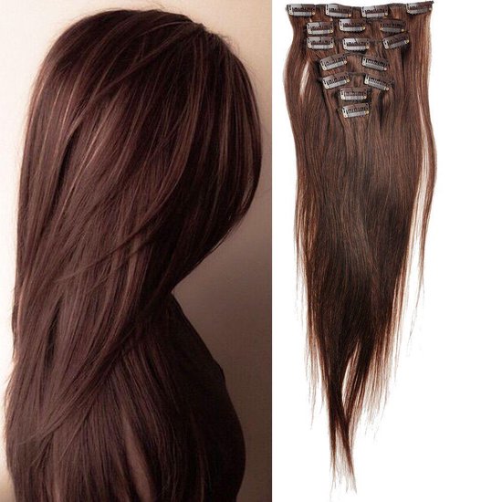 Extensions à clip, 100% cheveux humains lisses, 16 pouces, couleur n ° 2  brun foncé foncé | bol.com