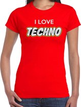 Techno party t-shirt / shirt i love techno - rood - voor dames - dance / party shirt / feest shirts / festival outfit XS