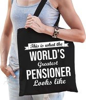 This is what the worlds greatest pensioner looks like cadeau tasje - zwart met witte letters - voor dames - Pensioen / VUT kado tas