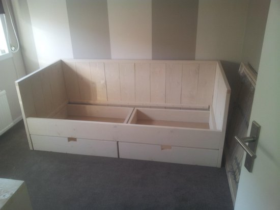 Lit enfant lit cabine Paola de White Wash échafaudage lit simple en bois avec 2 tiroirs 90x200cm
