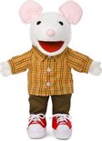 Witte muis handpop met roze oren, oranje geruite blouse, bruine broek en rode schoenen.