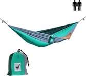 MoreThanHip (Reis)hangmat XXL Sherwood Forest - Groen/grijs - 2 Persoons hangmat van lichtgewicht parachutestof met opbergzak - Ligoppervlak 260 x 210 cm - Lengte 290 cm - voor tuin, camping en vakantie